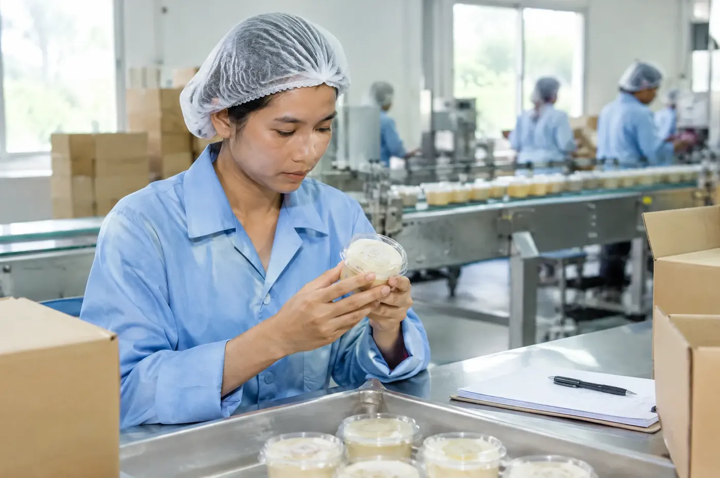 A quality inspector checking a product sample in a factory in Southeast Asia