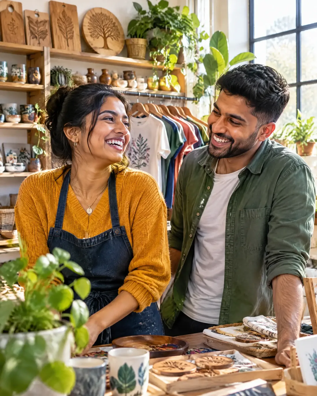 Two happy young business owners laughing together in a bright workshop full of handmade products