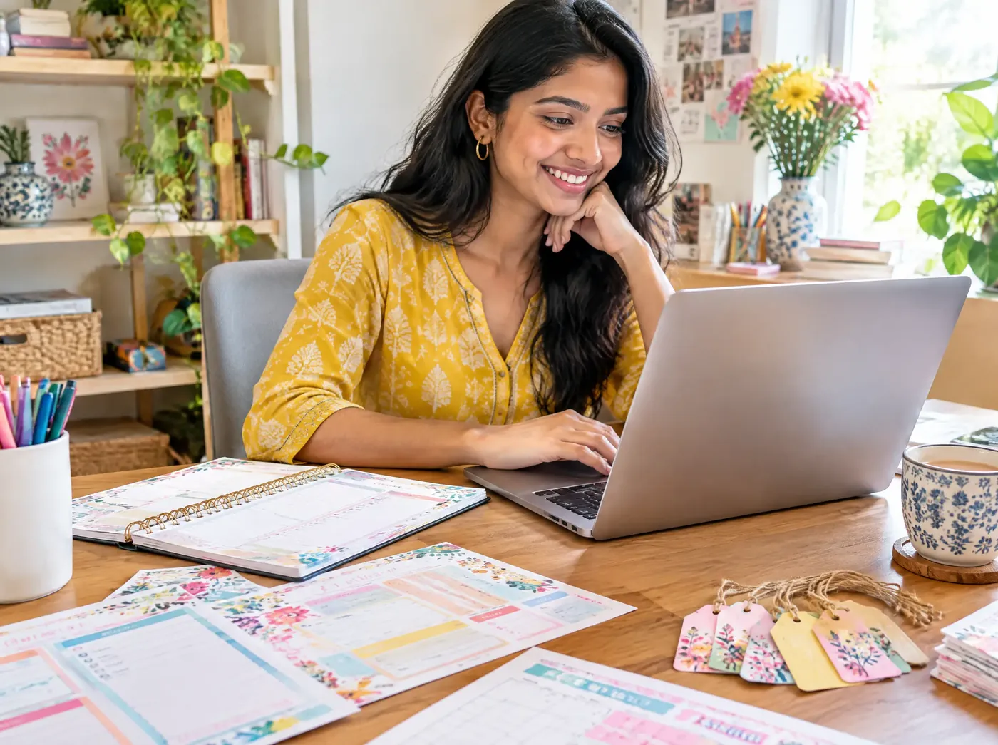 A woman planning on a laptop with printed planner pages