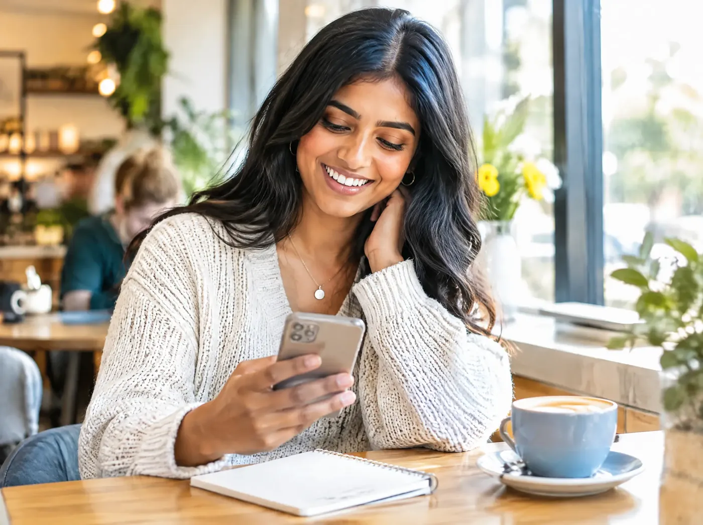 A smiling woman reading a message on her phone in a cafe