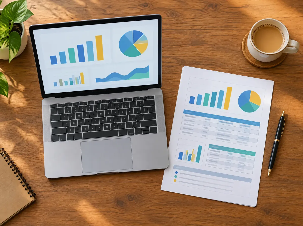A laptop with a simple dashboard and a printed plan on a desk